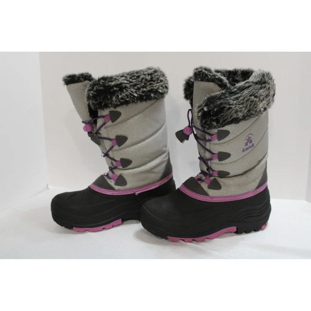 Kamik Girls Gray Purple Faux Fur Trim Waterproof Winter Snow Boots Size 1